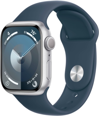 Apple Watch Series 9, 45 мм, корпус из алюминия серебристого цвета, спортивный ремешок цвета «грозовой синий», размер S/M MR9D3Q