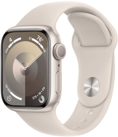 Apple Watch Series 9, 41 мм, корпус из алюминия цвета «сияющая звезда», спортивный ремешок цвета «сияющая звезда», размер S/M MR8T3Q